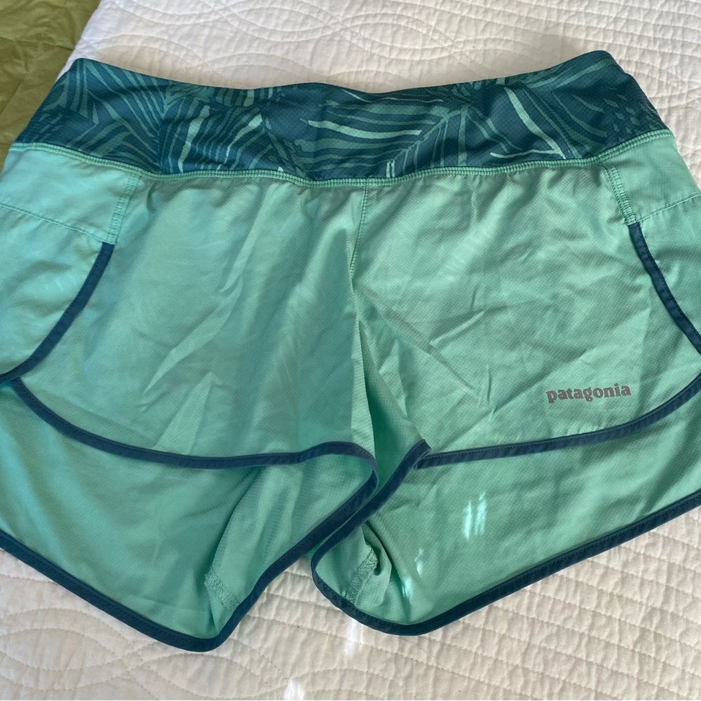 Medium Ladies Patagonia LINED Running Hiking Shorts Blue Green Pocket in Waist